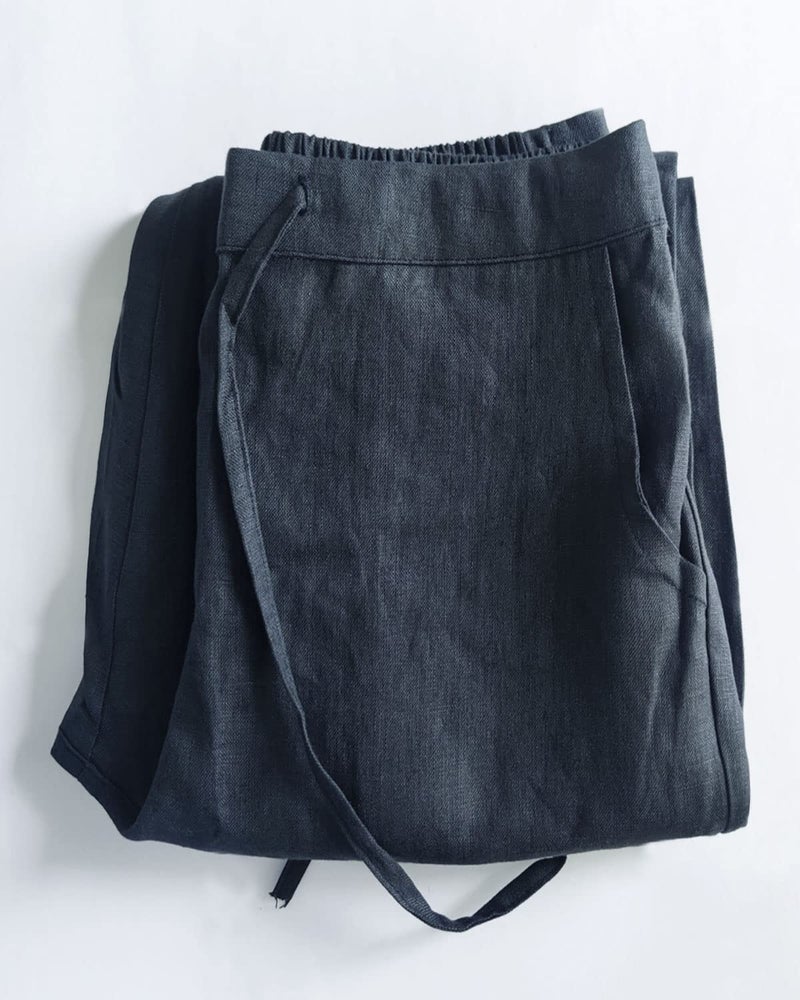IXIMO Women's Tapered Pants 100% Linen Drawstring Back Elastic Waist Pants Trousers with Pockets Gray Blue M - Image 4